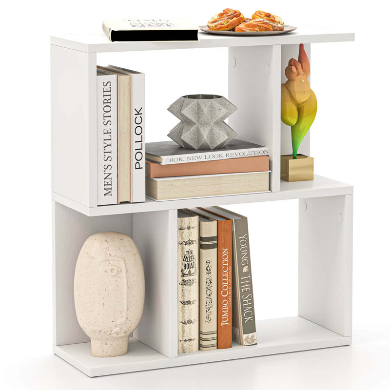 1 table d'appoint à 3 niveaux avec bibliothèque géométrique et tablette de rangement ouverte, Blanc