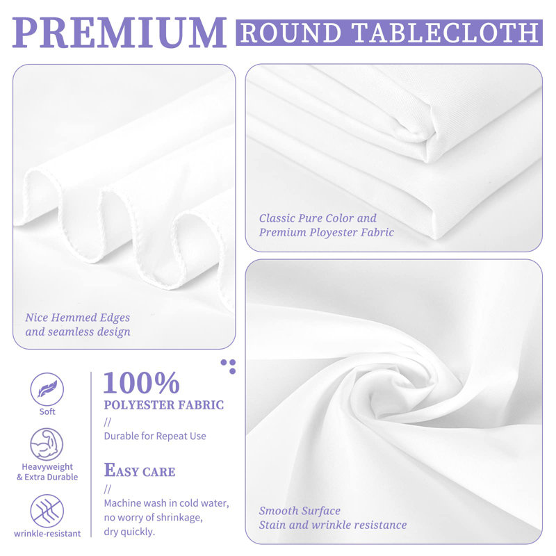 6-Pack 120-Inch White Round Polyester Tablecloth, Washable for Weddings, Parties, Banquets, and Camping, White