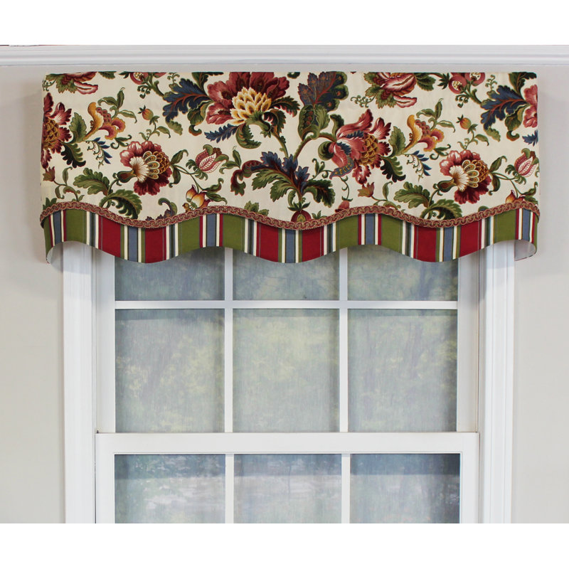 Cantonnière florale en coton festonné l 50 po, Vert / rouge / beige