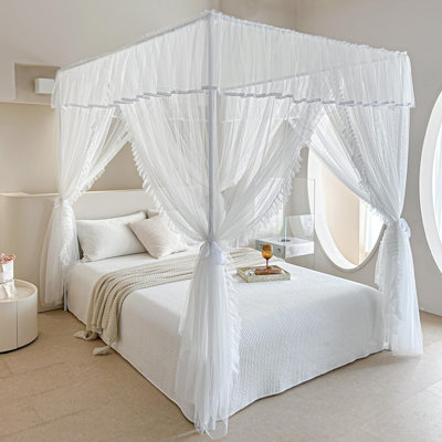 4 Corners Post Ruffle Princess Bed Canopy Curtain - Double Layer Cozy Drape Netting with 4 Openings - Elegant Mosquito Net for Girls and Adults Bedroom Decoration (White,Full)