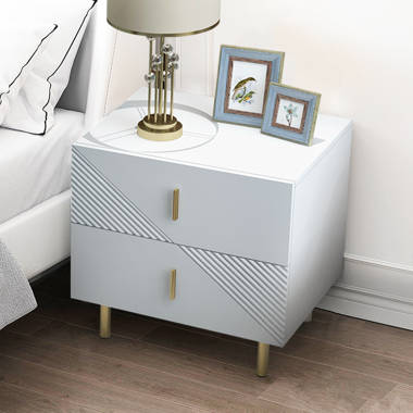 Modern Wood Nightstand with Gold Legs 2-Drawer Bedside Table in White