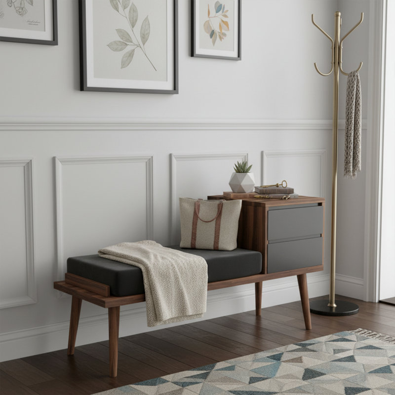 Banc de hall d'entrée moderne Mid-Century avec coussin et 2 tiroirs de rangement