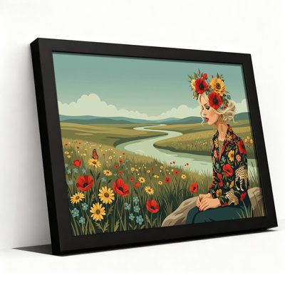 Woman with Flower Crown Sitting in Wildflower Field Canvas Wall Art