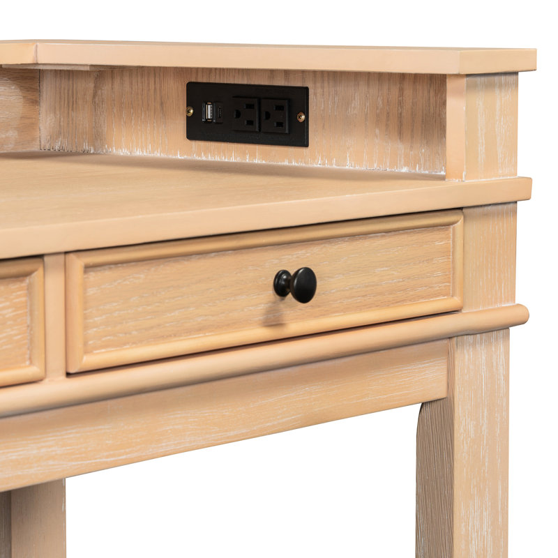 Table à manger pour 3 personnes idéale pour les petits espaces de bureau, table de cuisine rétro, rangement et prise de recharge, tabourets confortables, finition naturelle, 3 chaises, élégance, compartiments, convient aux petits espaces en bois massif