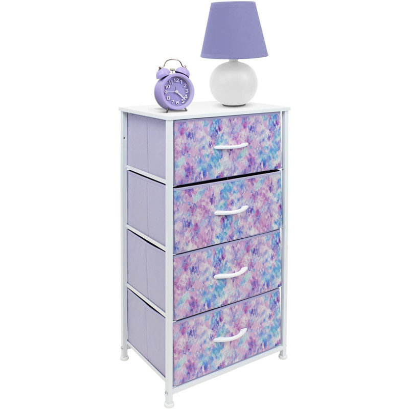 Sorbus 4 Drawers Chest Nightstand with Steel Frame, Wood Top, & Fabric Bins, Tie-dye Blue/Pink/Purple