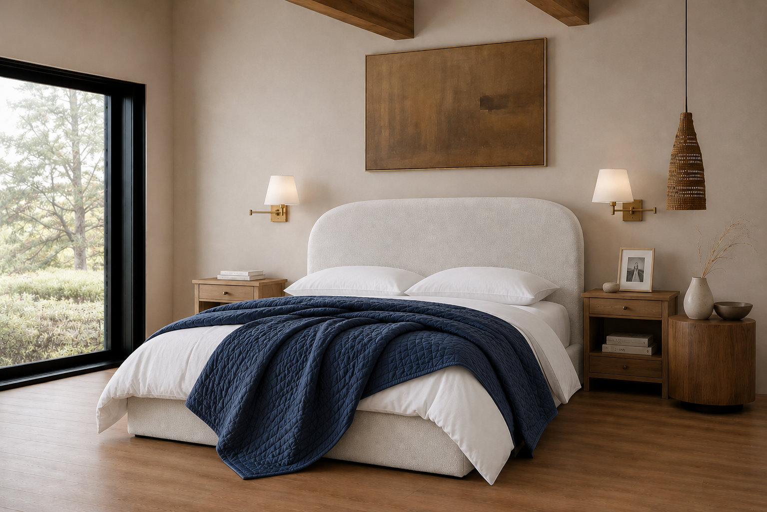 Mele Linen Upholstered Round Bed, Ivory Boucle, Queen