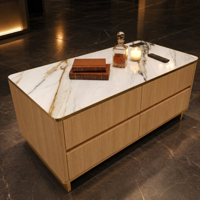 Smart Coffee Table With App-Controlled LED Lights & Charging Station | 4 Drawers + Open Back Shelf
