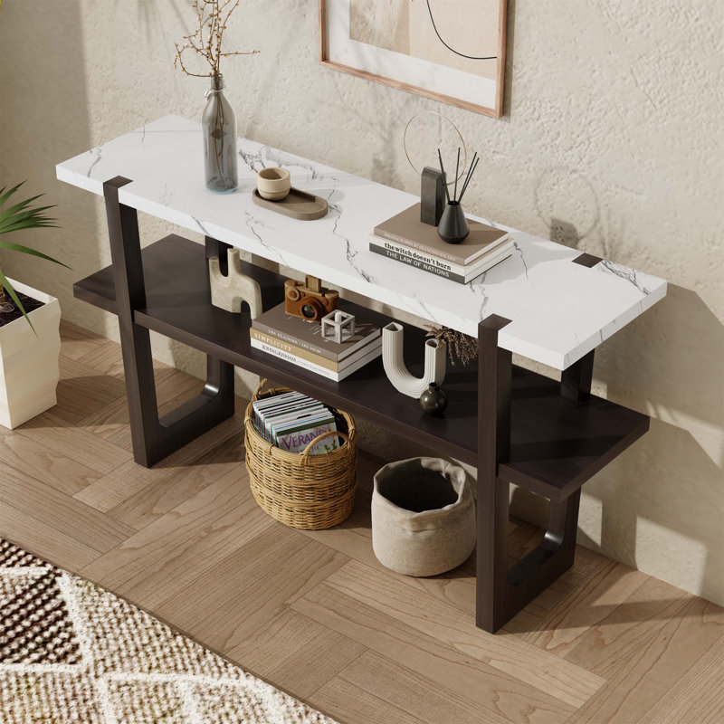 Console étroite avec plateau en marbre, table d'entrée rétro avec tablette ouverte, Espresso