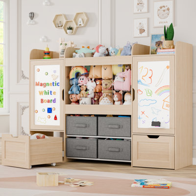  61" W Toy Storage Organizer, Kids Toy Storage With Stuffed Animal Storage, 2 Movable Toy Box, 4 Storage Bins And 2 Magnetic Board, Montessori Bookshelf For Kid Toy Room Organization