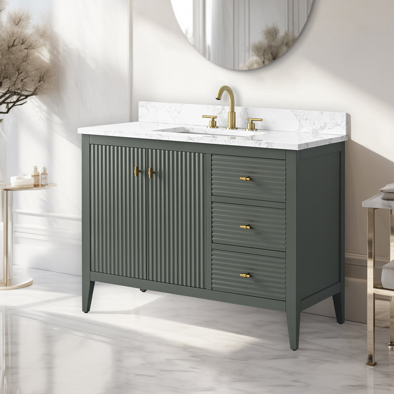Meuble-lavabo simple 42 po avec plateau en marbre, Doré brossé, Linéaire vert rétro