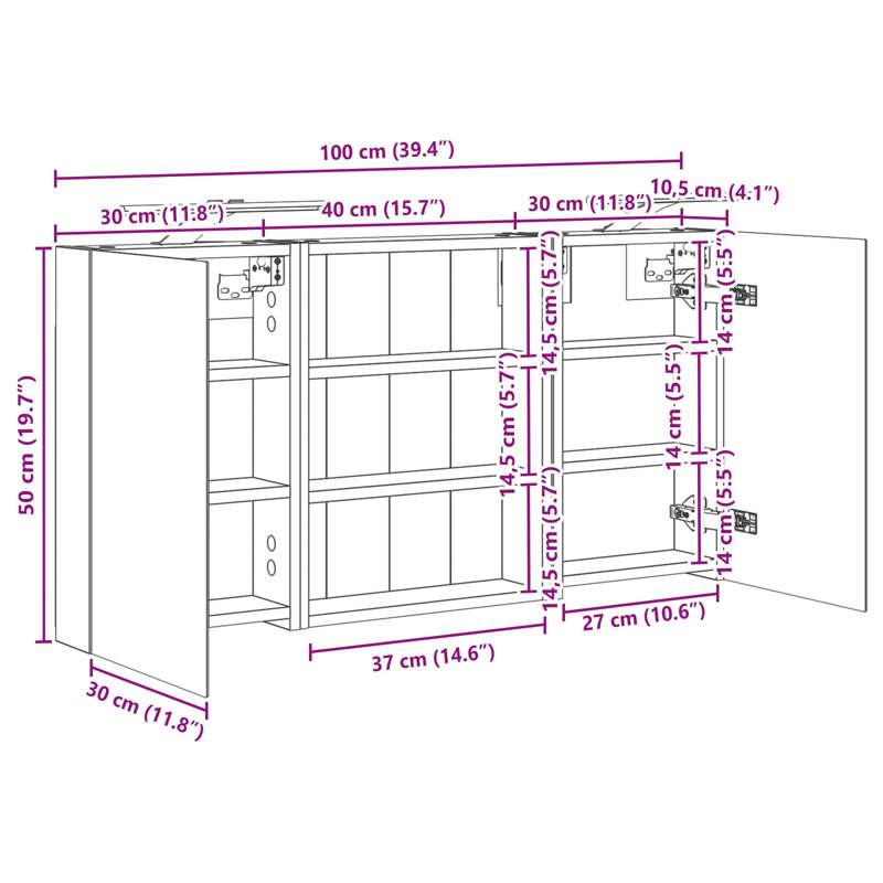 W H Wall Mounted Required Medicine Cabinet Mirror 6, Dark Brown, 50cmH x 100cmW x 10.5cmD