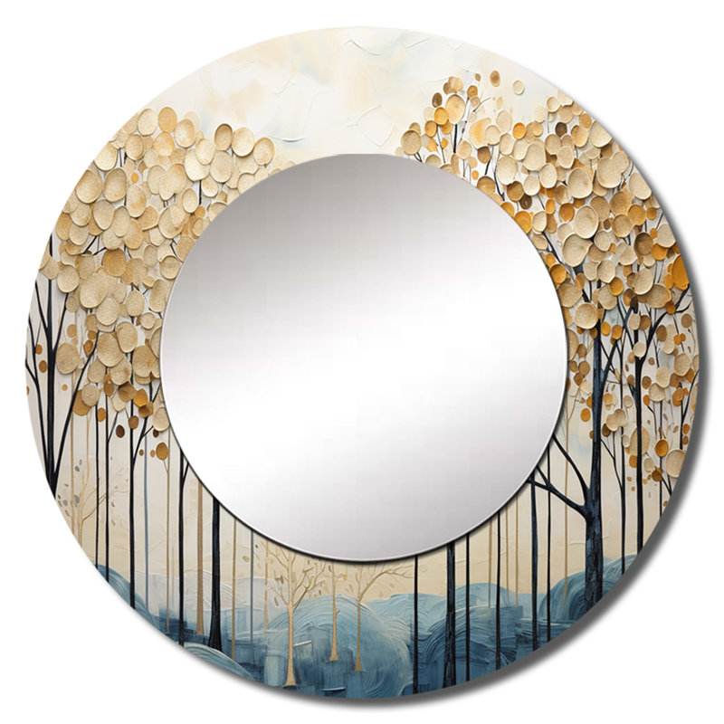 Minimalisme doré et bleu arbres scène IV - miroir d'arbres, miroir mural rond traditionnel unique, impression sur métal