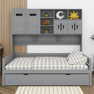 Wooden Daybed With Trundle & Bookcase Headboard, And All-In-One Storage Cabinet And Shelf