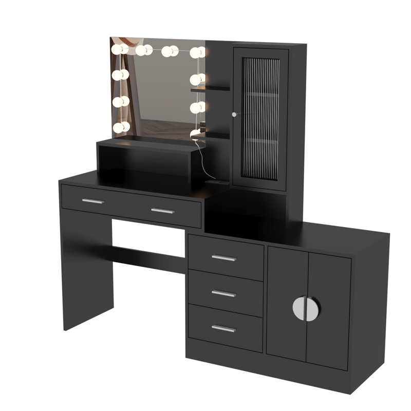 Coiffeuse de maquillage avec lumières, prise USB et prise de courant et armoire à tiroirs, Noir, noir, noir, noir