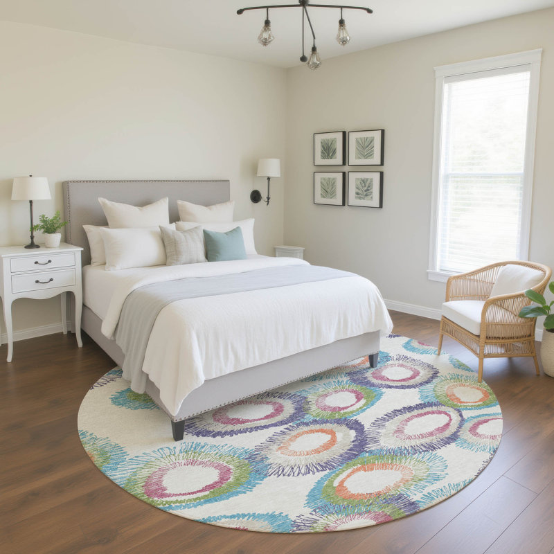 Premium Machine Washable Mayfield AMF2278 Geometric Rug, Pearl, 8' Round