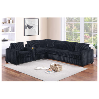 Ensemble de canapé modulaire en L de style moderne 4 pièces réversible avec ports USB et porte-gobelet Chaise sans accoudoirs Pieds en plastique Revêtement en velours côtelé Finition noire