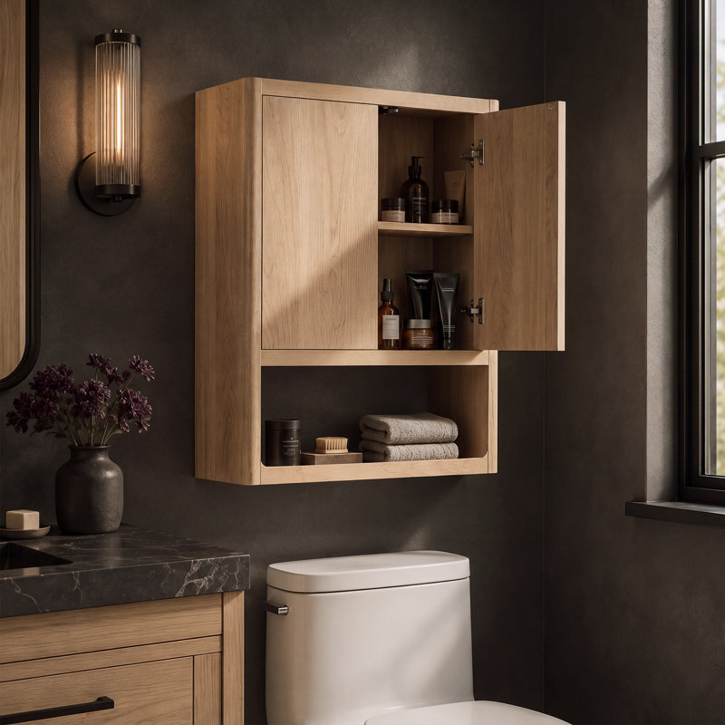 Armoire murale de buanderie l 24 po avec portes réglables et tablette ouverte VANIRror, chêne naturel