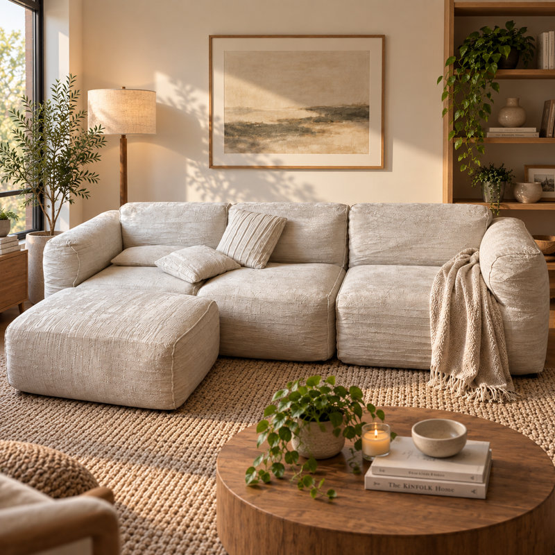 Canapé modulaire de 112 po avec repose-pieds et coussins moelleux pour salon moderne