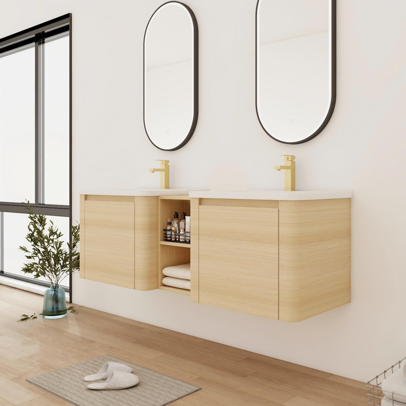 Meuble-lavabo double avec comptoir en céramique, 60", Beige