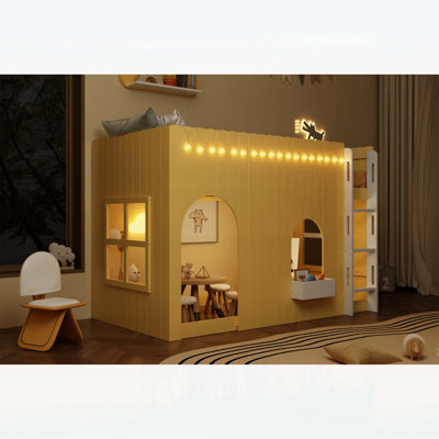 Full Size Kids Loft Bed with Warm LED Light String, Charming Country House Design