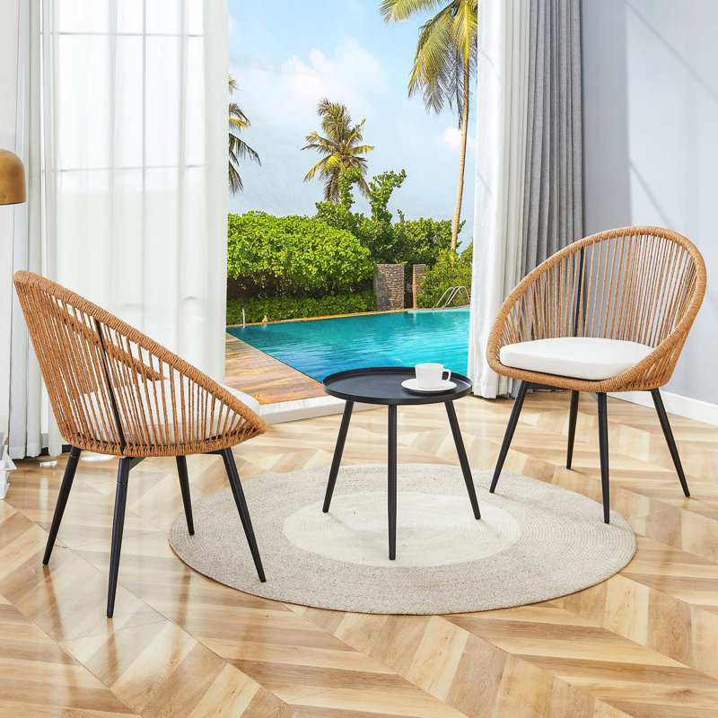 Ensemble 3 pièces moderne, table basse ronde et 2 chaises pivotantes en rotin