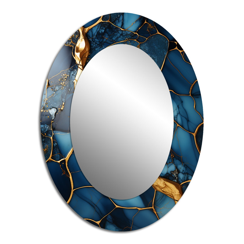 Or et mosaïque de marbre bleu saphir IV - décor de miroir mural ovale doré, H 40 po x l 30 po