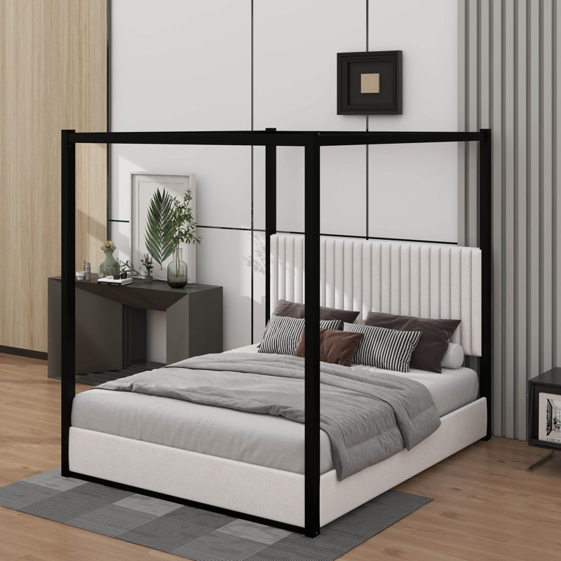 Queen Size Upholstery Canopy Platform Bed With Headboard And Metal Frame