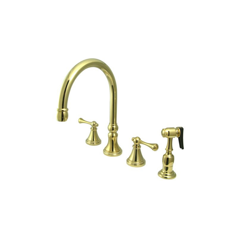 Deck Mount Double Handle Widespread Kitchen Faucet with Buckingham Lever Handle, Polished Brass