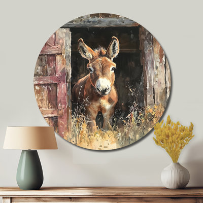Marguy - Modern Brown Metal Art Print, Donkey Round Metal Wall Decor
