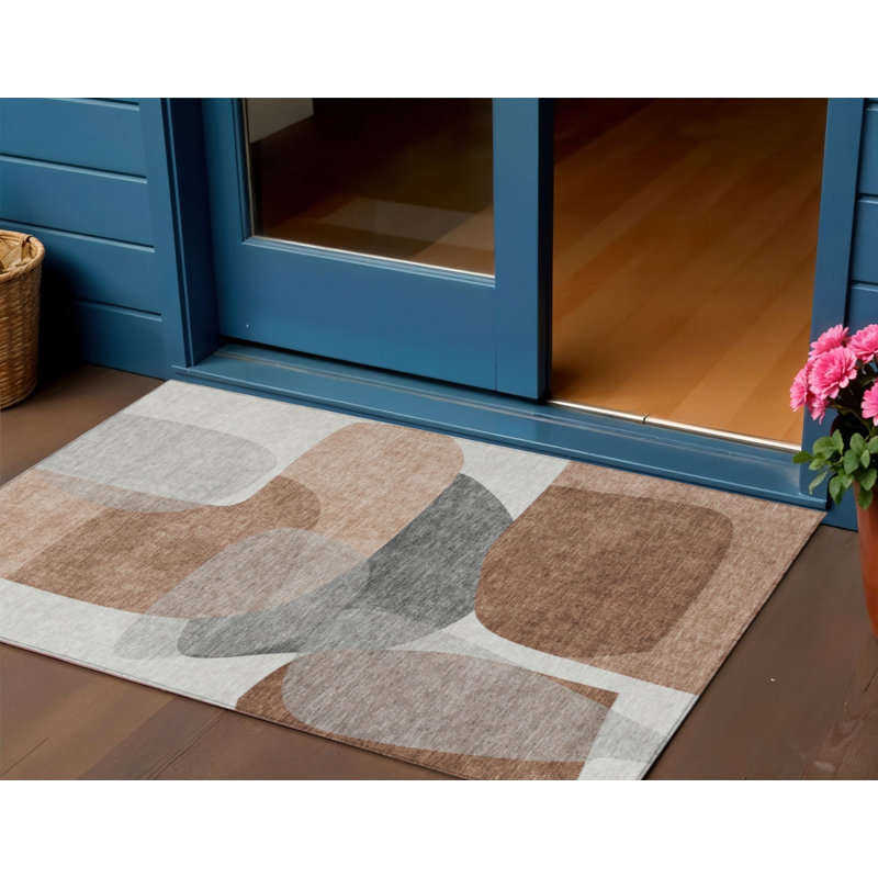 3' X 5' Rust And Gray Abstract Washable Indoor Outdoor Area Rug