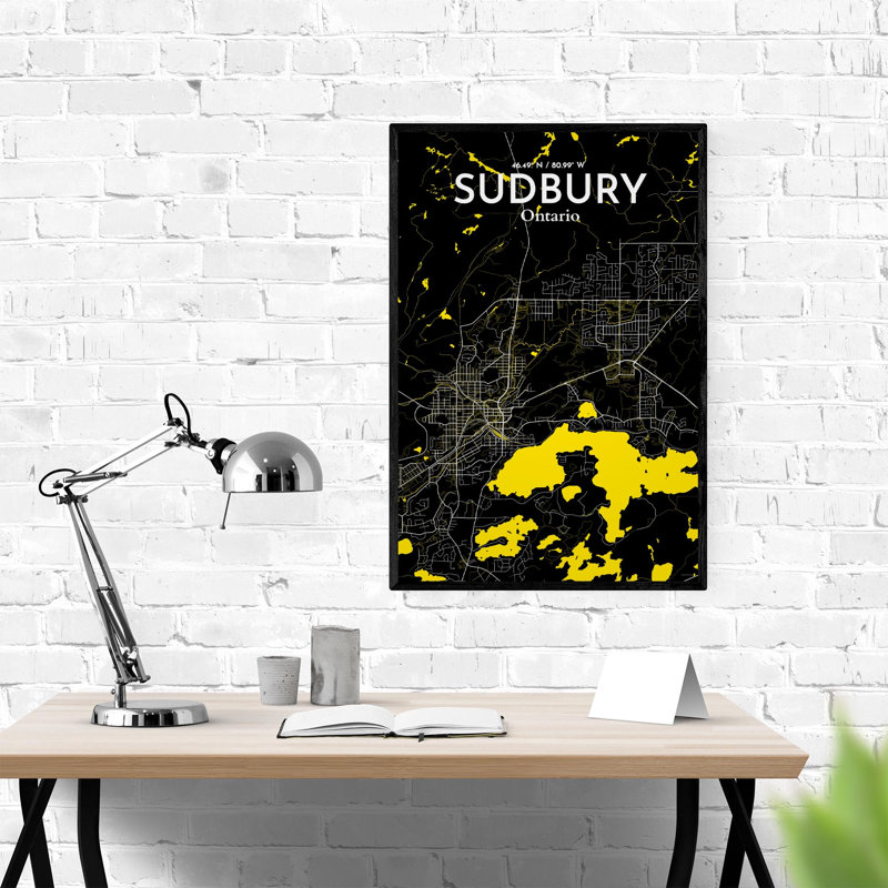 Sudbury City Map, impression, H 36 po x l 24 po, Noir/jaune