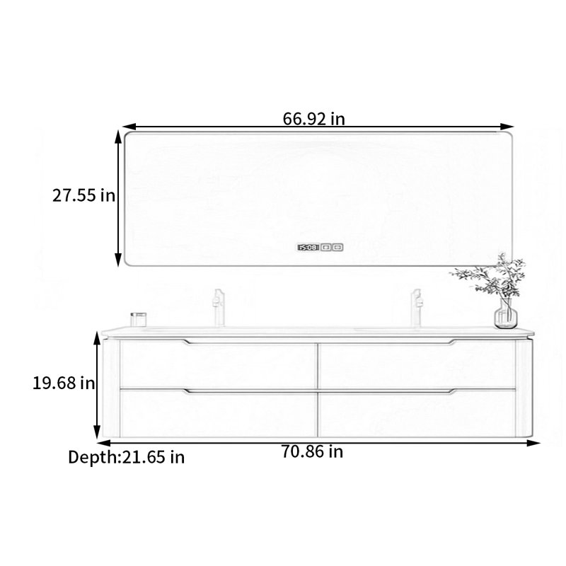 Simple modern style double basin bathroom cabinet, 71"
