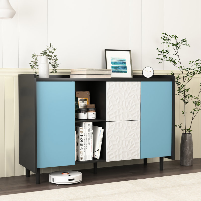 Buffet moderne avec corps noir et portes bleues, 2 tiroirs et compartiments ouverts pour la cuisine, Bleu / blanc / noir