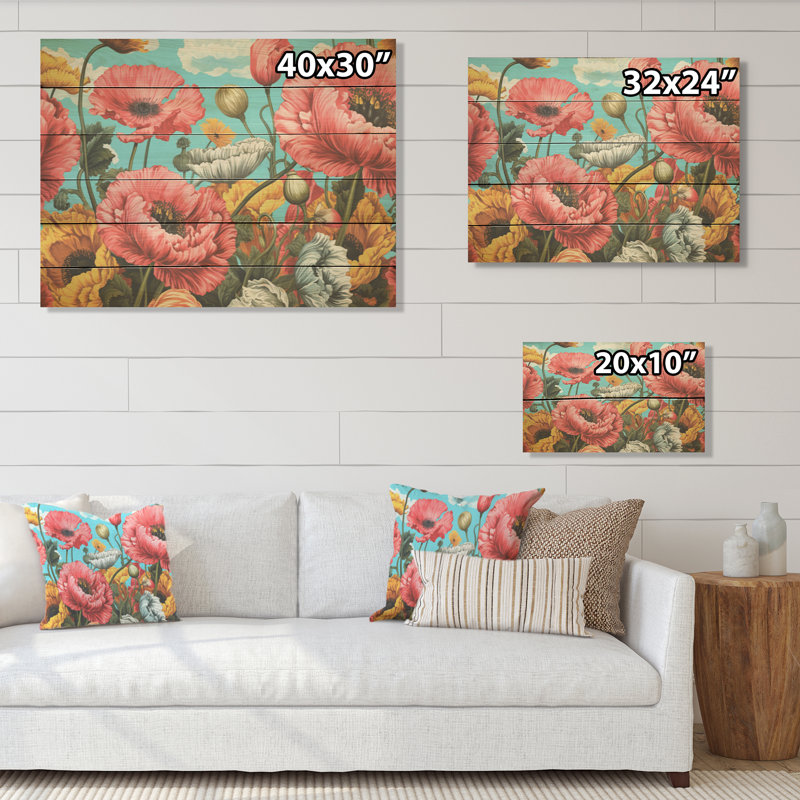 Lumière du soleil sur les magnifiques champs de coquelicots - coquelicots, art sur bois de pin naturel, H 30 po x l 40 po