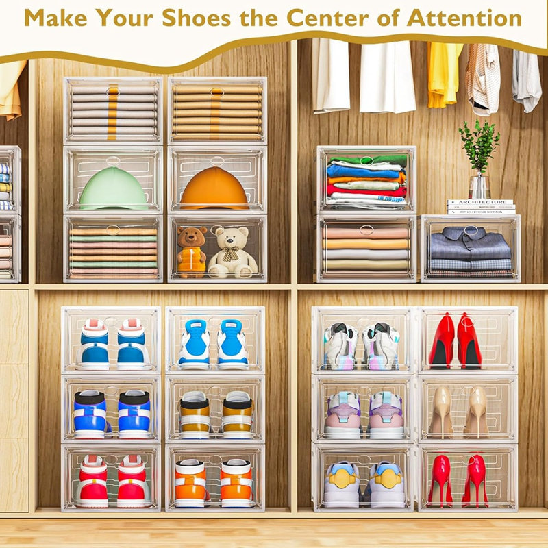 Boîtes de rangement à chaussures empilables avec portes magnétiques, organisateur de chaussures en plastique transparent pour baskets, bottes et talons, rangement gain de place pour placard, blanc