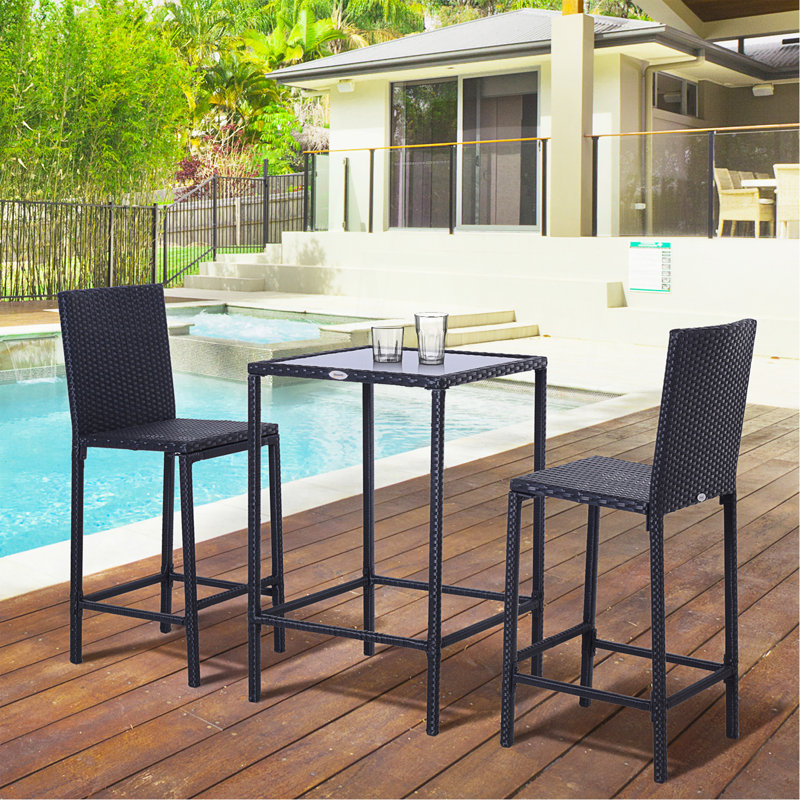 Ensemble de bar en rotin 3 pièces avec table en verre, 2 tabourets de bar pour l'extérieur, le patio, le jardin, la piscine, la cour