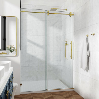 48x76" Fixed & Sliding Shower Door, Round Tube Hardware, Round Tube Hardware, Clear Glass Shower Door, 3/8″ (10mm) Sgcc Tempered Glass, Stainless Steel, Brushed Gold
