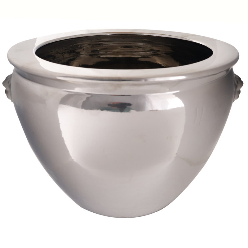 Large Shiny Asian Porcelain Planter with Lion Handles, 11" H x 14" W x 14" D, Silver