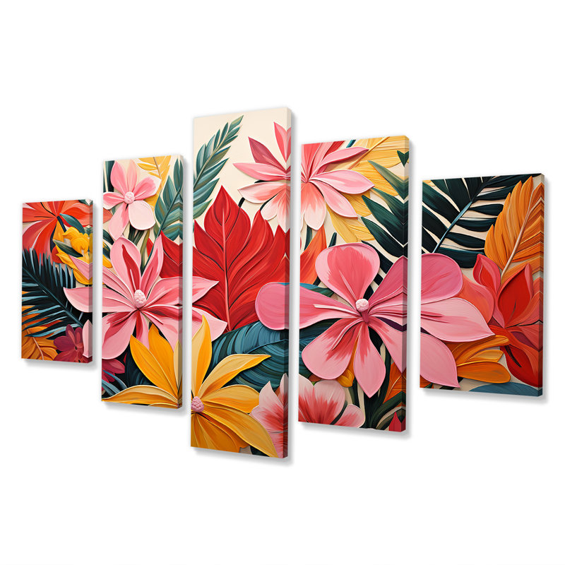  «Pink Floral Tropical Jungle Pattern II - Flowers Multipanel Wall Art Canvas