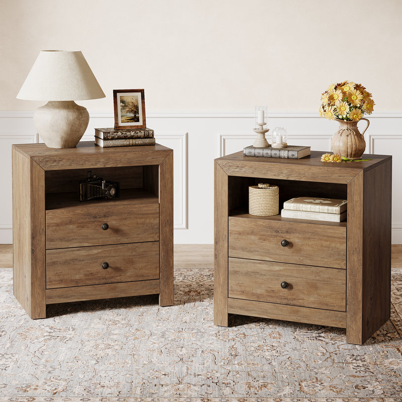 Farmhouse Nightstand with Storage Drawers, Bedside Table with Open Shelf for Bedroom, Brown, Set of 2