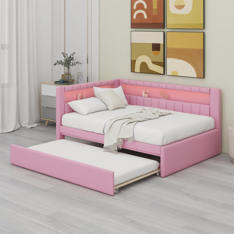 Lit plateforme tapissier avec ports USB, ceinture à DEL et lit gigogne, Rose