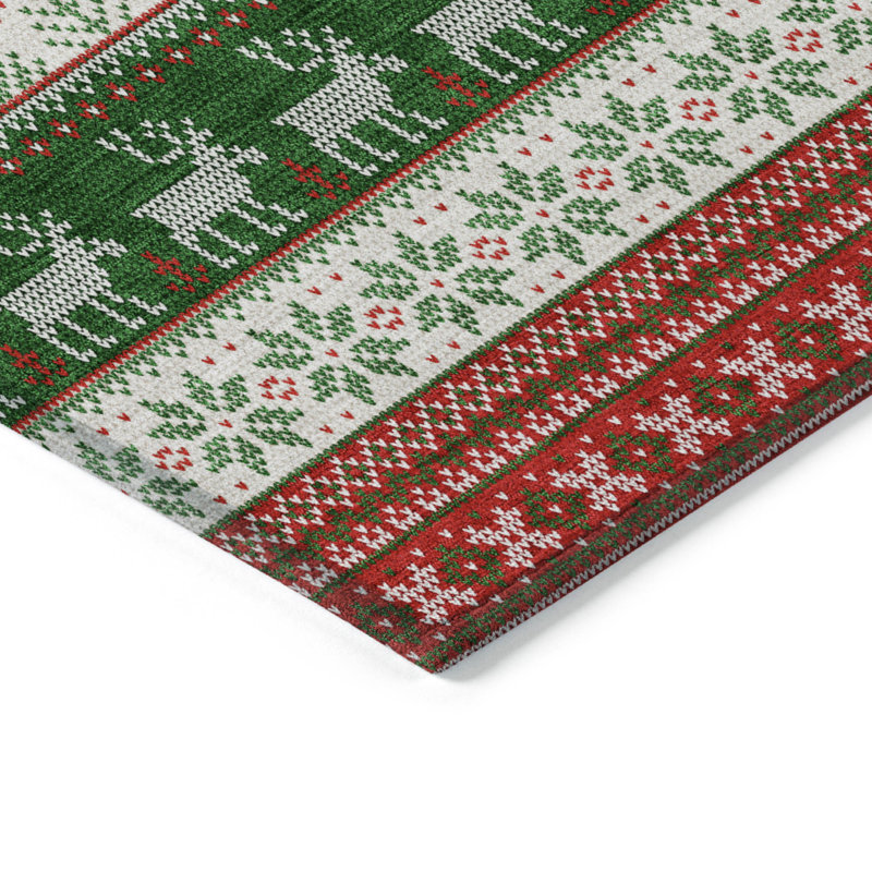 Machine Washable Indoor/Outdoor Christmas Reindeers Xhevrie Red Rug, Rectangle 1'8" x 2'6"