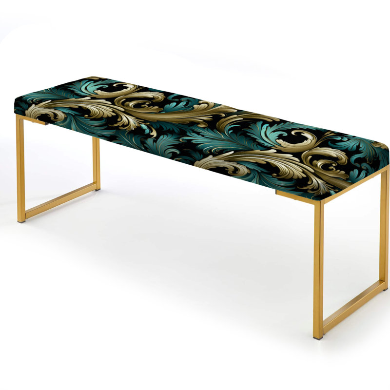 Banc rembourré damassé doré, Motif damassé de luxe doré et vert