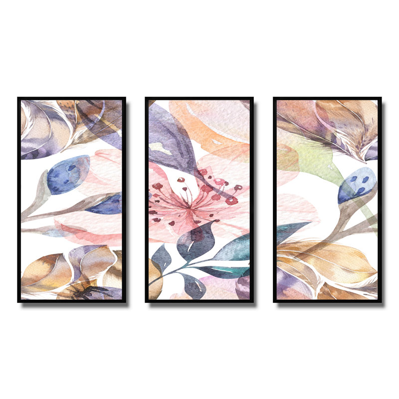 Boho, fleurs roses et bleues - 3 pièces, reproduction sur toile, Cadre noir, H 28 po x l 36 po x P 1 po