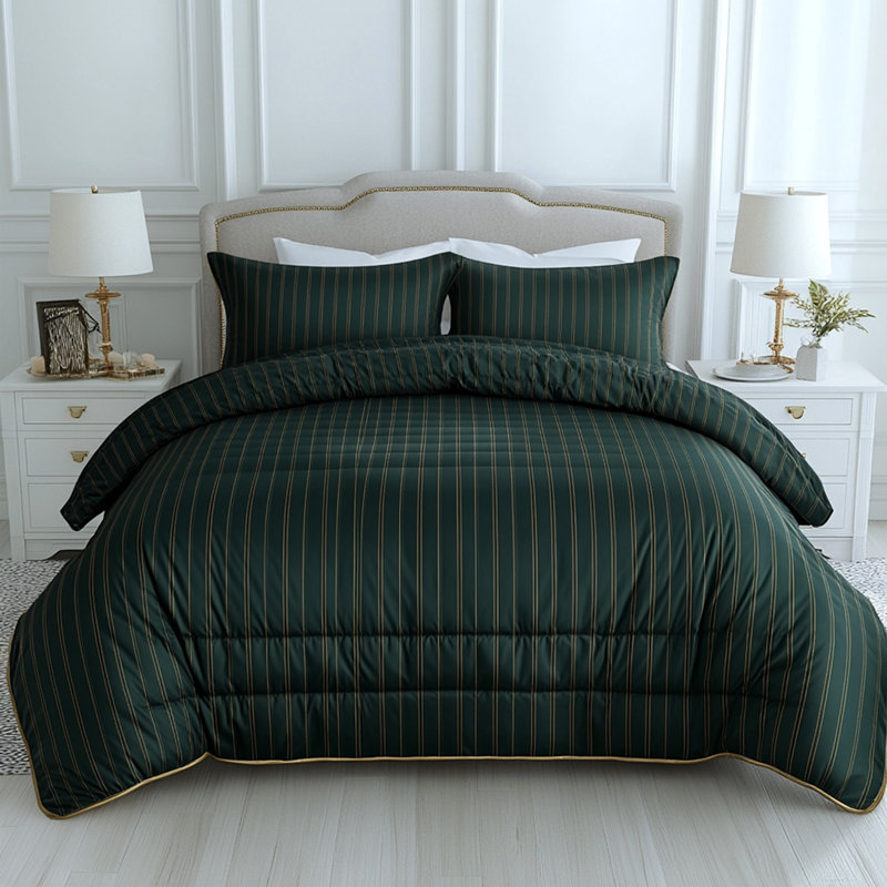 Couette de luxe à rayures dorées vert foncé