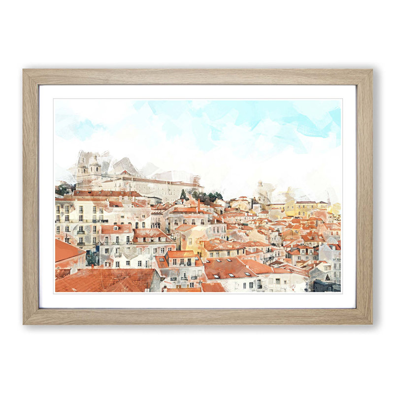 Alfalma Lisbon Portugal Skyline in Abstract - Picture Frame Graphic Art Print, 27cm H x 36cm W x 2cm D, Oak Framed