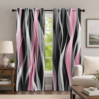 2 pièces rideaux ondulés roses et noirs, rideaux de style abstrait, rideaux à oeillets à imprimé fluide minimaliste moderne, habillage de fenêtre pour décoration de salon de chambre à coucher
