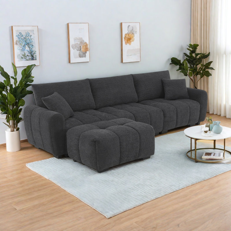 Modular Sectional Sofa, L Shape With Extra-Large Seat, Pull-Line Design, Movable Ottoman, High Density Foam, Free Combination, Sturdy Metal&Wood Frame, Boucle Fabric