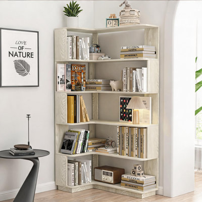 Bibliothèque d'angle autoportante en L à 5 niveaux, rangement ouvert de grande taille, présentoir en panneau de fibres à densité moyenne blanc éclatant
