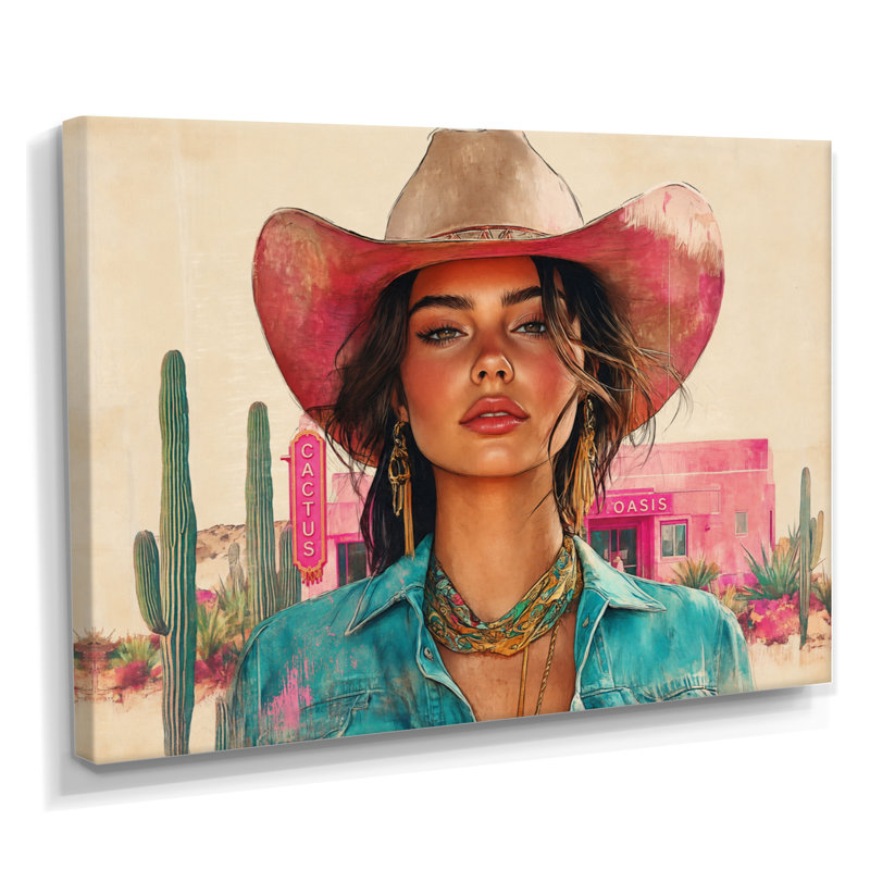 Portrait d'une cowgirl dans un motel du désert - Décoration murale sur toile de style western, H 16 po x l 32 po